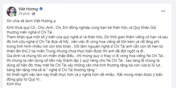 Việt Hương Thông Báo Lễ Viếng Chí Tài Miễn Nhận Chấp điếu Dùng Tiền ủng Hộ Miền Trung Theo Tâm 